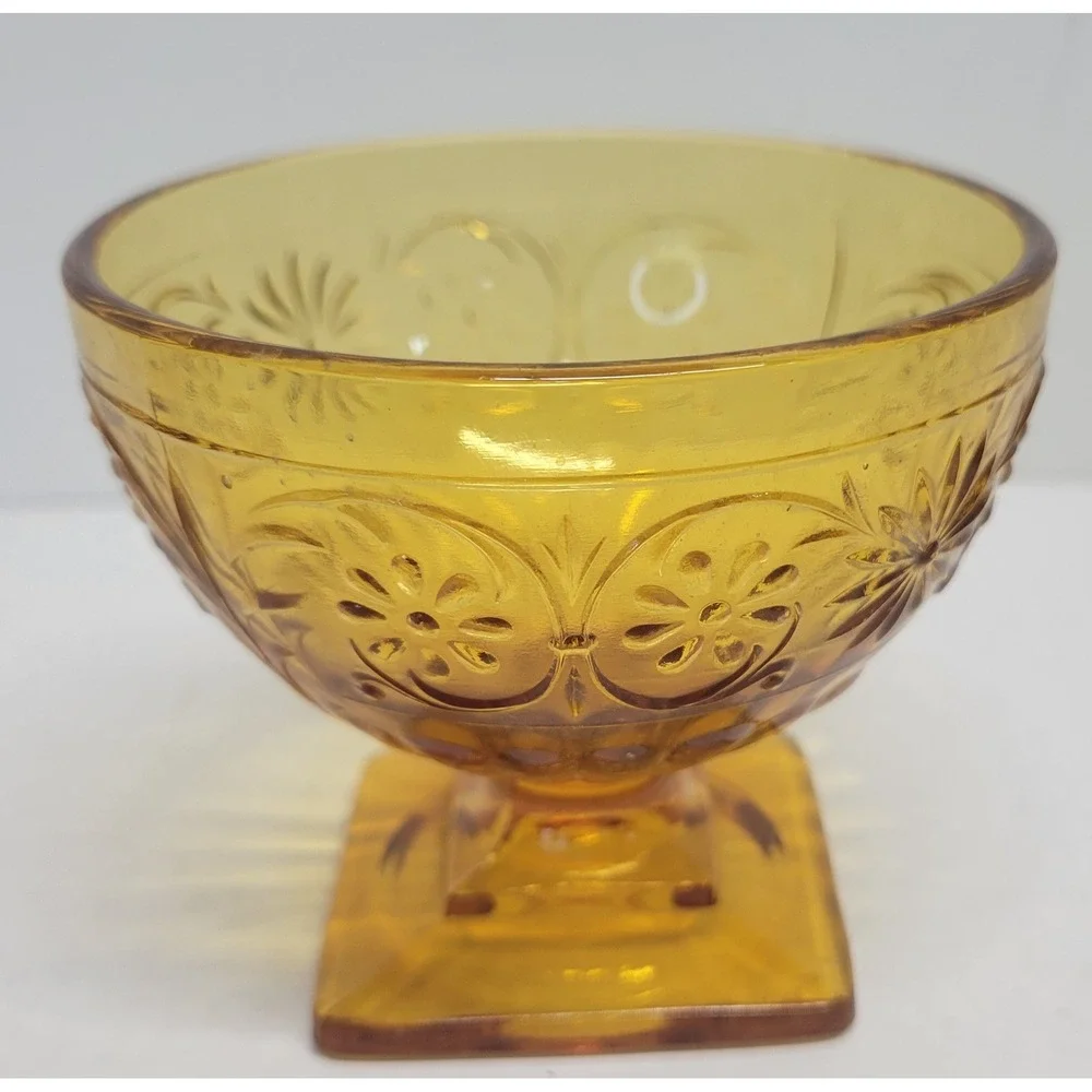 Vintage Amber‎ Depression Glass Floral Sherbet Cup Square Pedestal Dessert Bowl